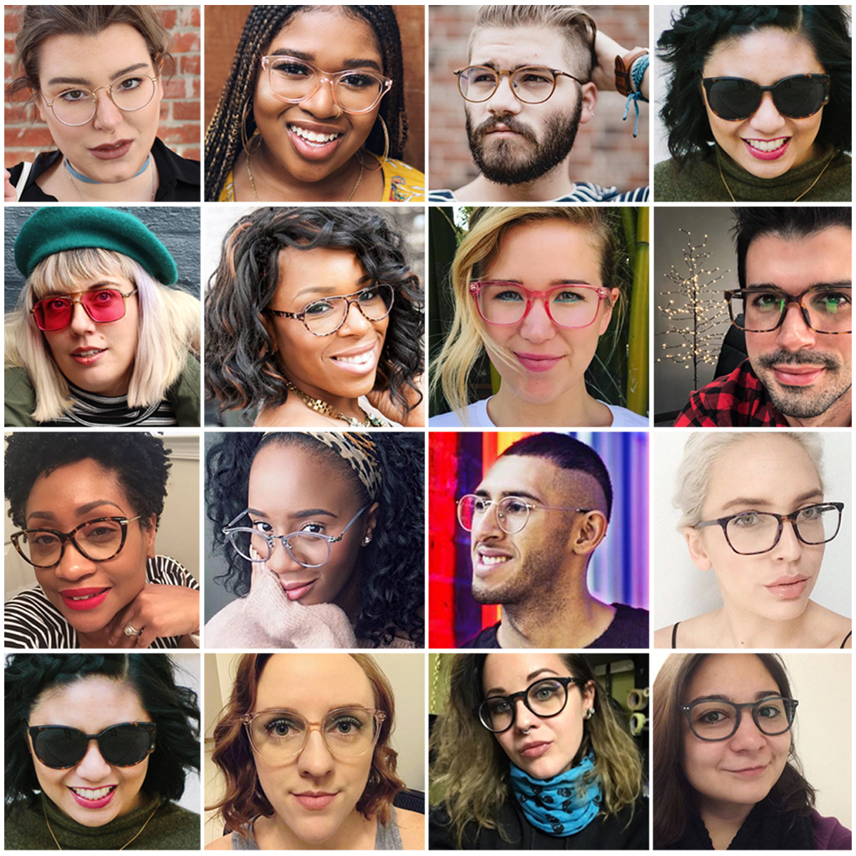 Various individuals modeling different styles of eyeglasses, including round, square, cat-eye, and aviator frames.