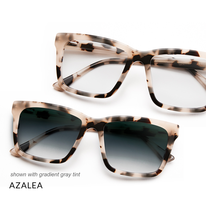 Azalea eyewear with gradient gray tint.