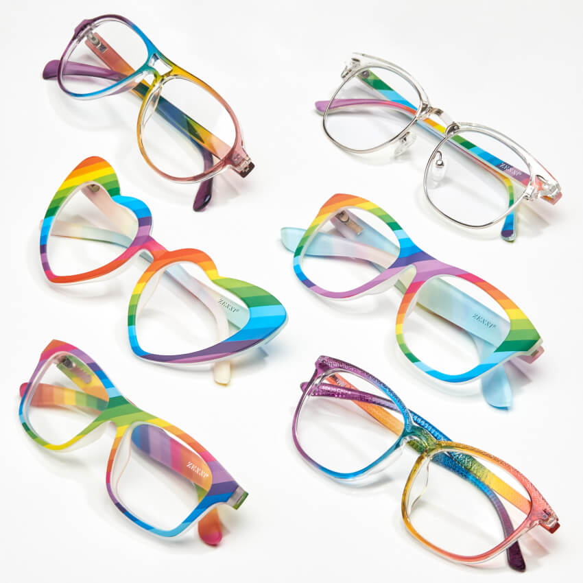 ZANYZ rainbow-colored glasses in various shapes, including aviator, heart-shaped, and rectangular frames.