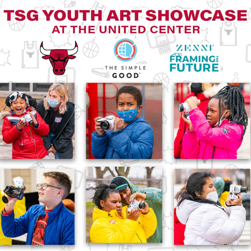 TSG Youth Art Showcase at the United Center, The Simple Good, Zenni, Framing the Future. Photos of kids with cameras.