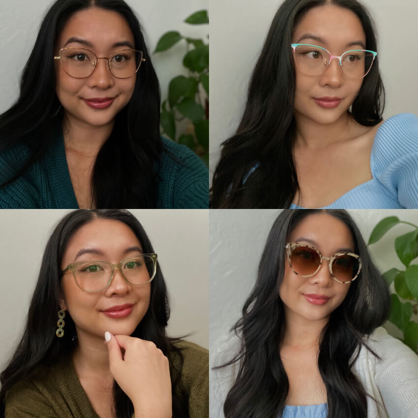 Woman wearing four different styles of glasses: gold-rimmed, pastel-framed, green square, and round tortoiseshell sunglasses.