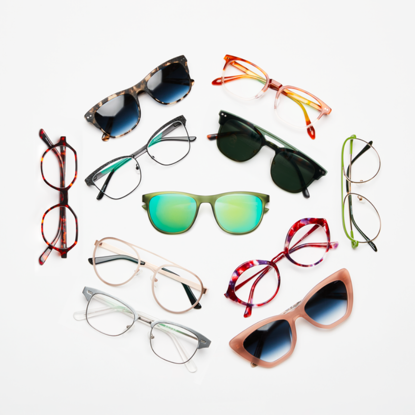 Various styles of eyeglasses and sunglasses arranged in a circle on a white background.