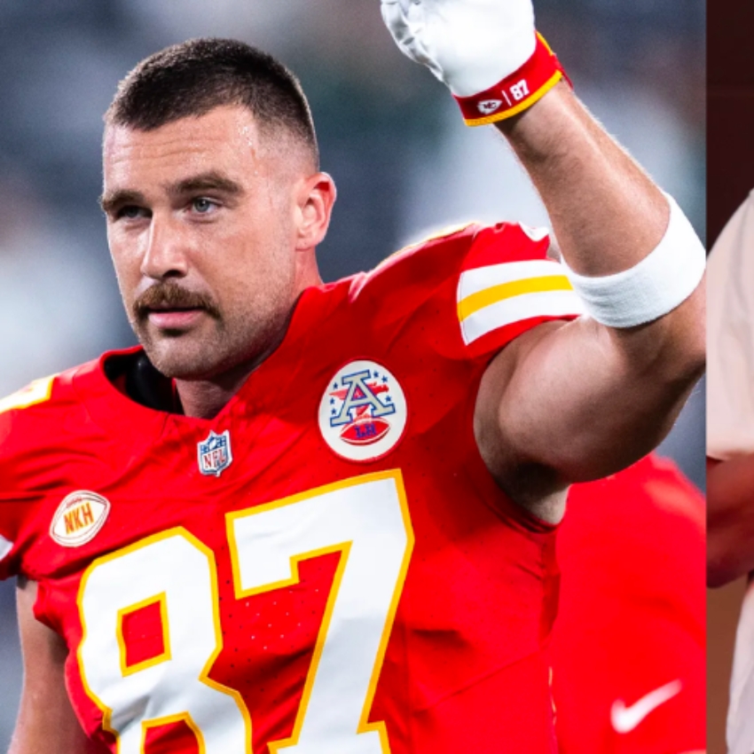 Football player in red and yellow uniform number 87, with team logos and player's name on wristband.