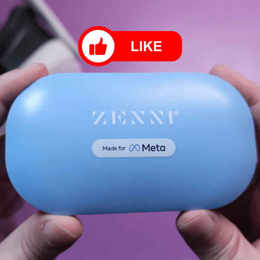 Zenni glasses case labeled Made for Meta, with a like button icon and thumbs-up image nearby.