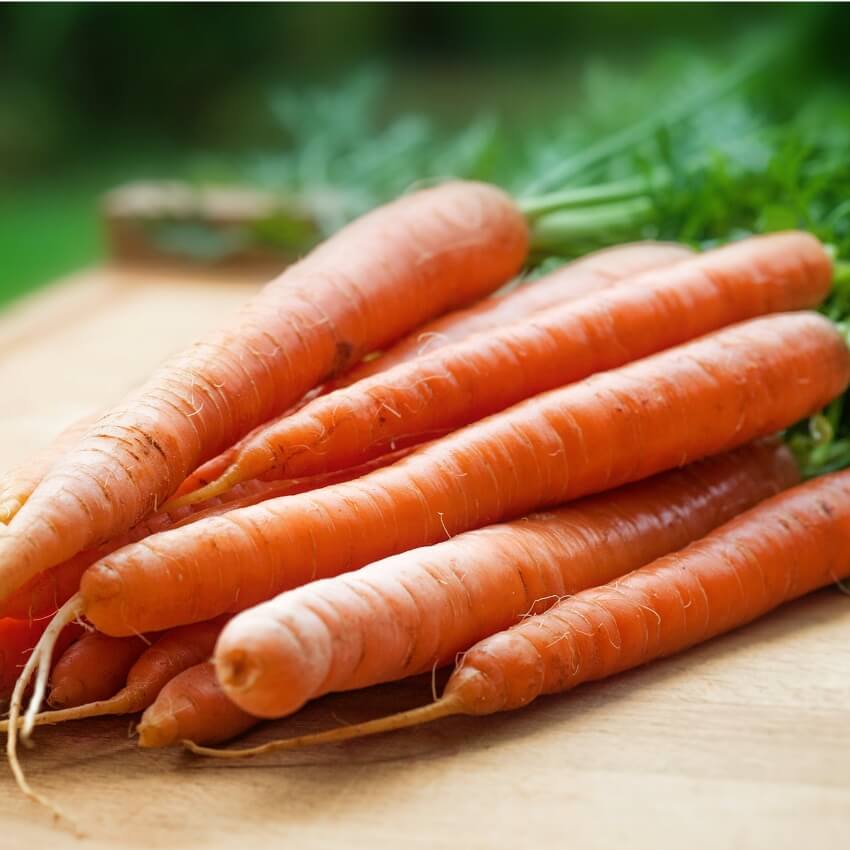 Bunch of fresh, unpeeled carrots with green tops on a wooden surface.