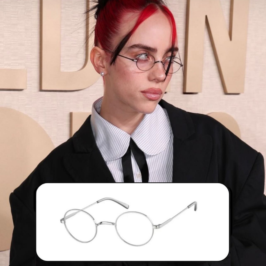 Round, metal-framed eyeglasses model displayed worn and in a close-up insert.