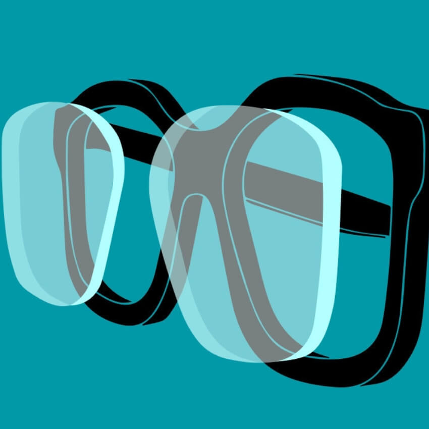 Black modern eyeglass frames with translucent lenses on a teal background.