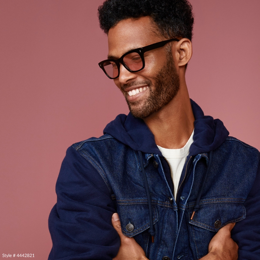 Man wearing black glasses, denim jacket, and blue hoodie. Style #4442821 in the bottom-left corner.
