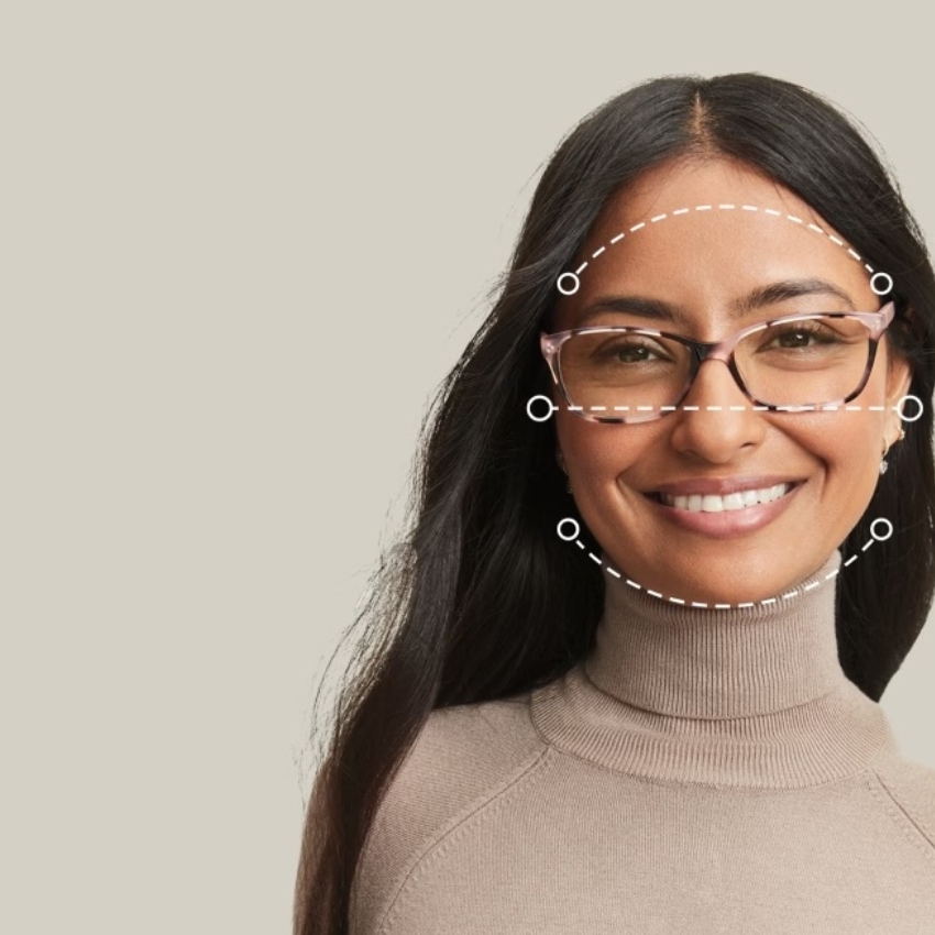 Woman wearing light purple eyeglasses with a dotted guide overlay for facial features.